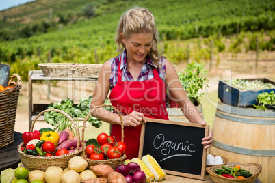 Happy woman holding slate with text at vegetable stall