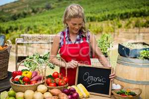 Happy woman holding slate with text at vegetable stall