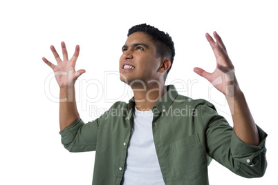 Man gesturing against white background