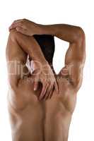 Rear view of shirtless sports person stretching hands