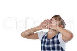 Girl shouting against white background