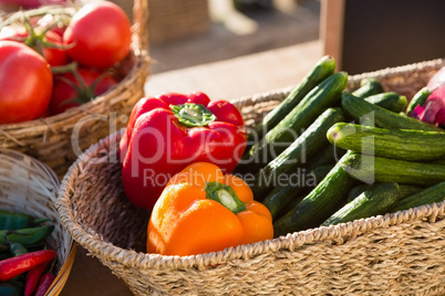 Various fresh vegetables in wicker basket