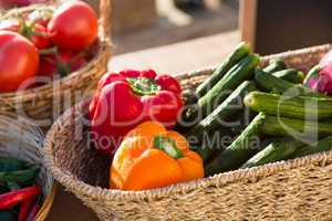 Various fresh vegetables in wicker basket