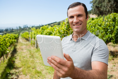 Portrait of vintner using digital tablet in vineyard