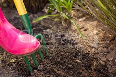 Close-up of woman loosening soil with garden fork
