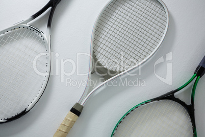 High angle view of metallic tennis rackets