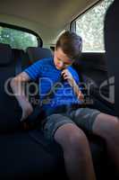 Teenage boy wearing seat belt in the back seat of car