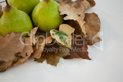 Close-up of pears with autumn leaves