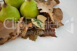 Close-up of pears with autumn leaves