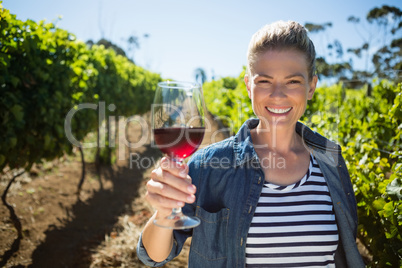 Portrait of female vintner holding glass of wine