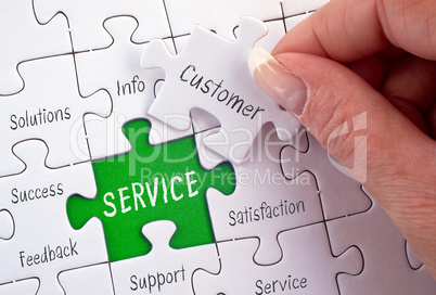 Service - business concept puzzle with female hand and text