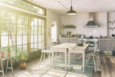 3d render - scandinavian flat - kitchen - dining room - retro lo