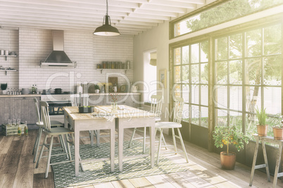 3d render - scandinavian flat - kitchen - dining room - retro lo