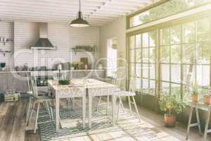 3d render - scandinavian flat - kitchen - dining room - retro lo