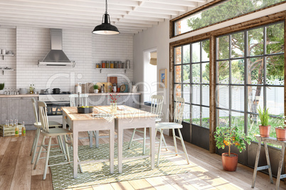 3d render - scandinavian flat - kitchen - dining room