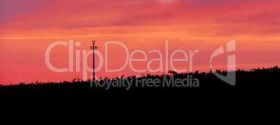 Silhouette of an energy pylon in a pink sunset