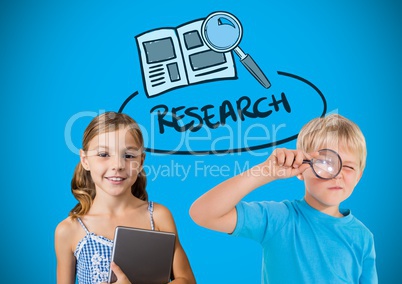 Kids with magnifying glass in front of blue background and Research text