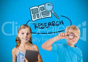 Kids with magnifying glass in front of blue background and Research text