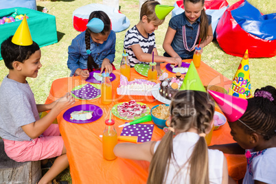 High angle view of children at table