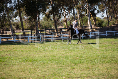 Male jockey riding a horse in the ranch