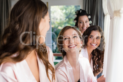 Smiling woman interacting with each other