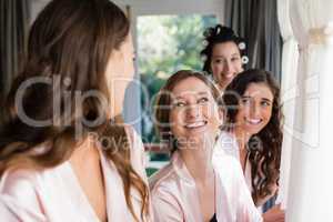 Smiling woman interacting with each other