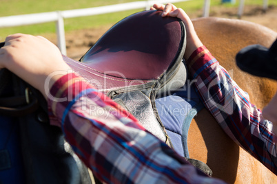 Close-up of girl adjusting saddle on horse