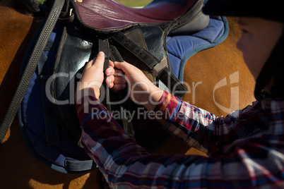 Close-up of girl adjusting saddle on horse