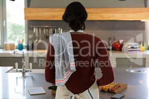Rear view of woman cooking food in kitchen