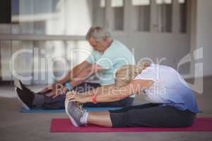 Senior couple performing stretching exercise