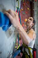 Woman practicing rock climbing in fitness studio