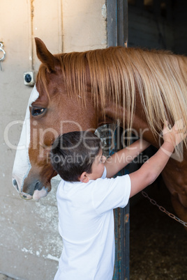 Rider boy caressing a horse