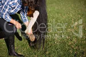 Man cleaning horse hoof