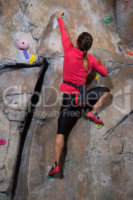 Rear view of woman practicing rock climbing