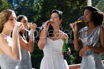 Bride and bridesmaids having champagne