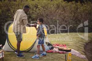 Father and son shaking hands in park