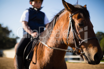 Boy riding a horse in the ranch