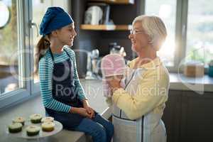 Grandmother and granddaughter with oven gloves in the kitchen