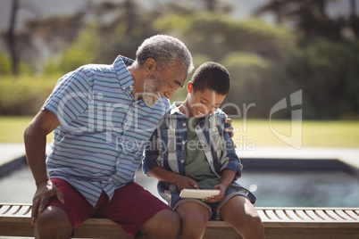 Grandson and grandfather using mobile phone