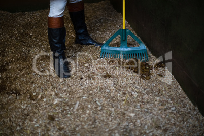 Man using broom to clean the stable