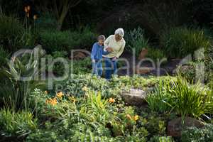 Grandmother and granddaughter looking at the plants in garden