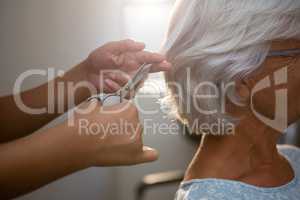 Cropped hands of beautician cutting hair of senior woman