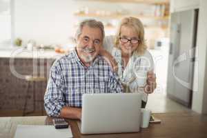 Senior couple using laptop at home