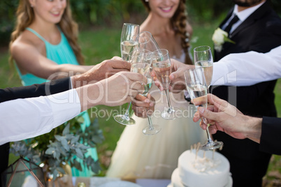 Newly married couple and guests toasting glasses of champagne