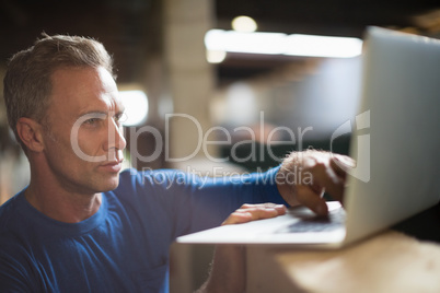 Man using laptop in the stable