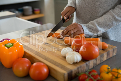 Mid section of woman cutting carrot