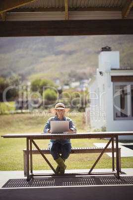Senior woman using her laptop on a table