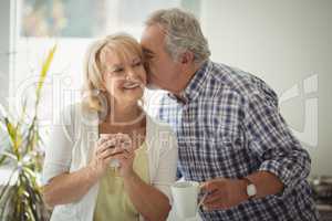 Senior man kissing senior woman