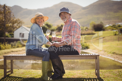 Senior couple enjoying white wine while sitting on a bench in lawn