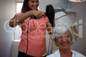 Beautician drying senior woman hair